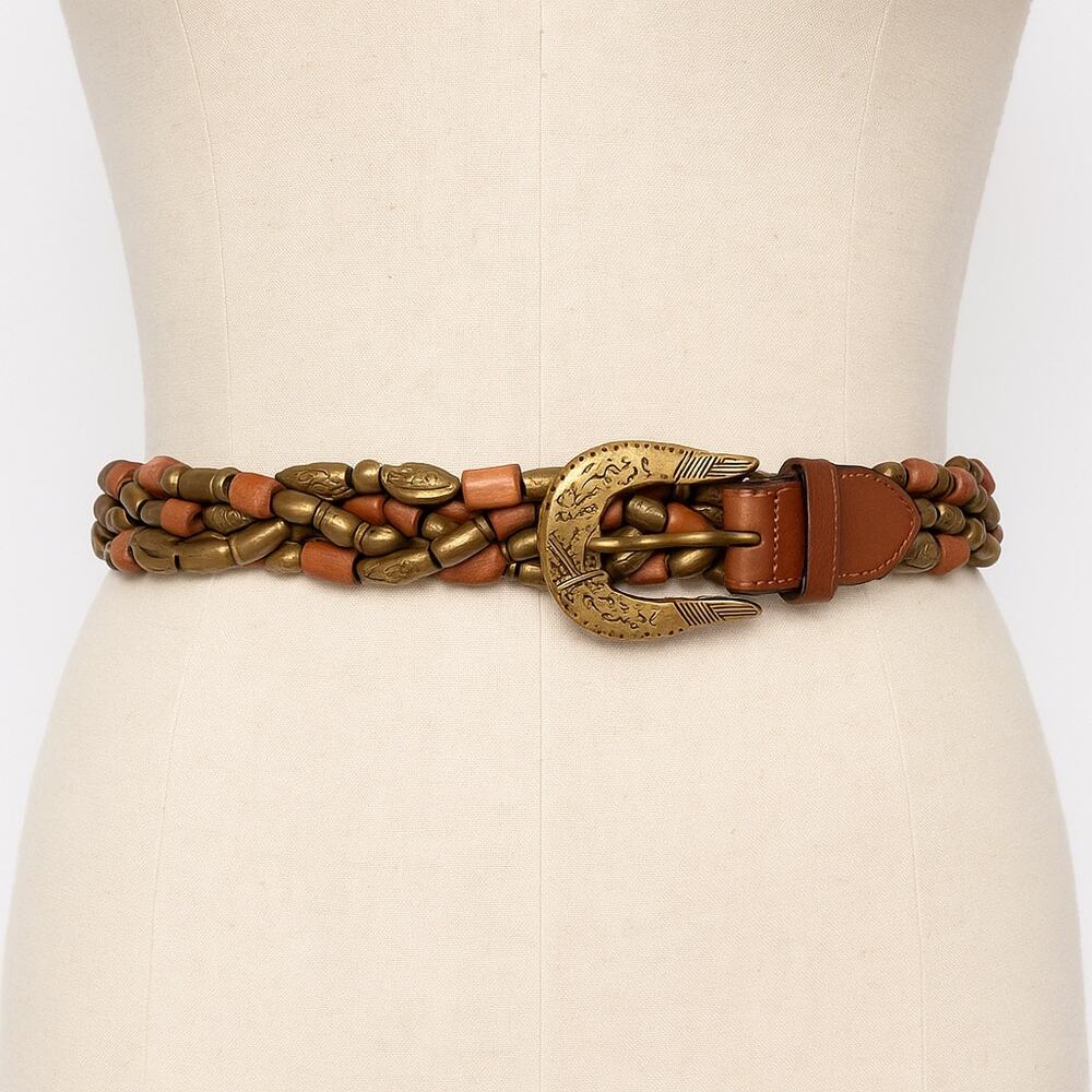 Genuine Leather Beaded Brown Belt Boho Antique Gold & Wood Beads Size Small